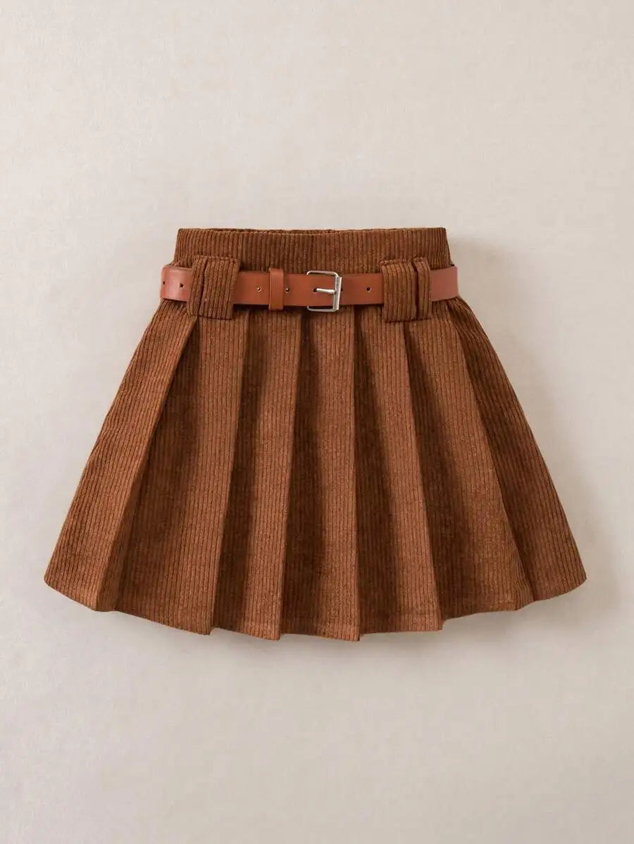 Girls Plaid Pleated Mini Skirt with Belt - Classic Checkered Design