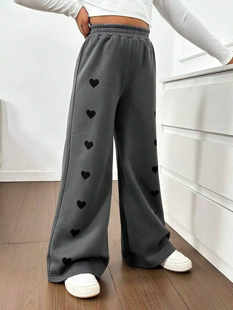 Gray Wide-Leg Sweatpants with Black Heart Print for Girls