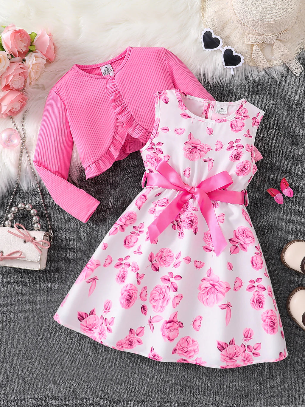 Girl Fashion Casual Pink Floral Dress 2pc Set- Pink Round Neck Vest