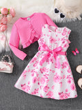 Girl Fashion Casual Pink Floral Dress 2pc Set- Pink Round Neck Vest