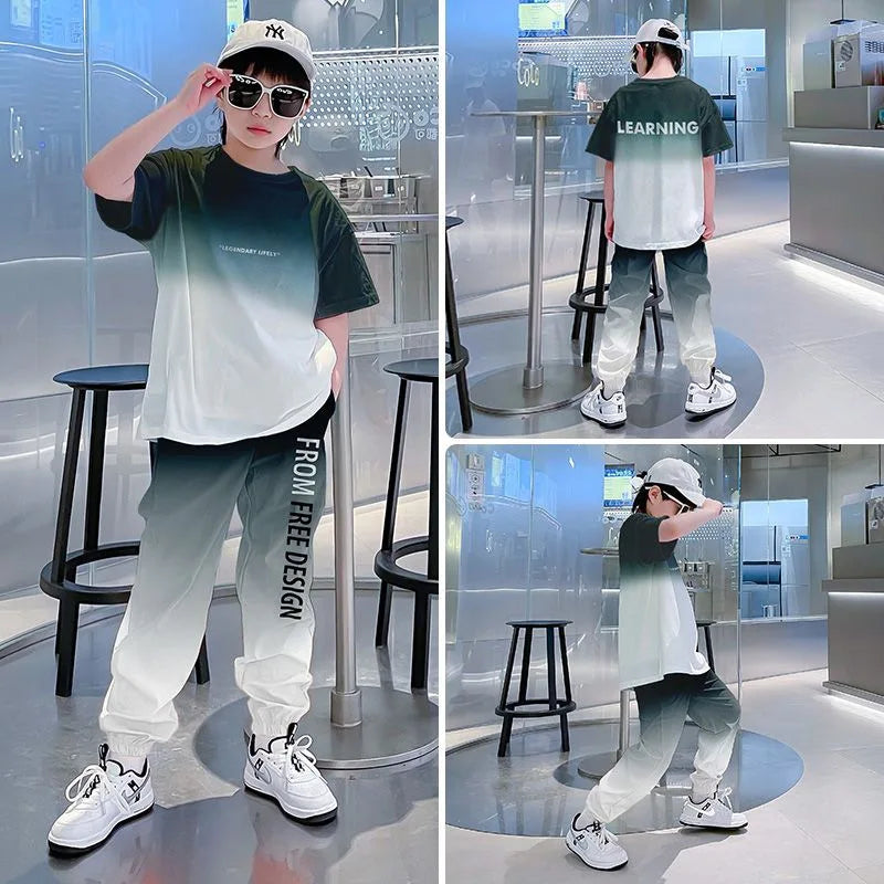 2026 Teenager Boys Clothes, Gradient Tracksuit, T-shirt and Ankle Tie Pants, 4-12 Yrs