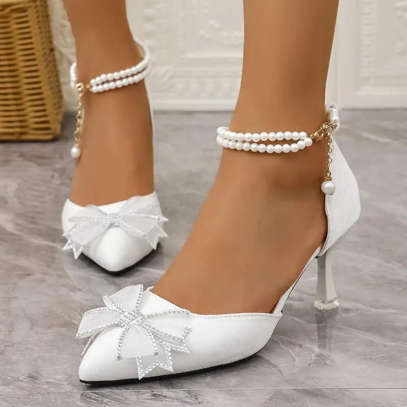 Elegant Pearl Chain Ankle Strap Pumps, Pointed Toe High Heel