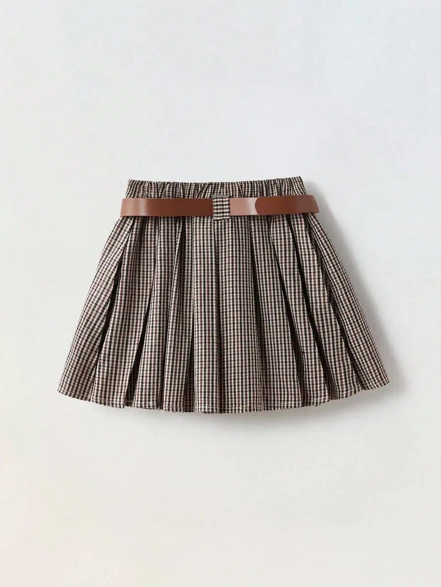 Girls Plaid Pleated Mini Skirt with Belt - Classic Checkered Design