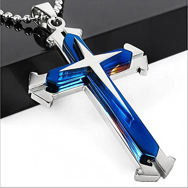 2025 Ins New Cross Pendant Necklace, Zircon Black Gold Color Stainless Steel Chain