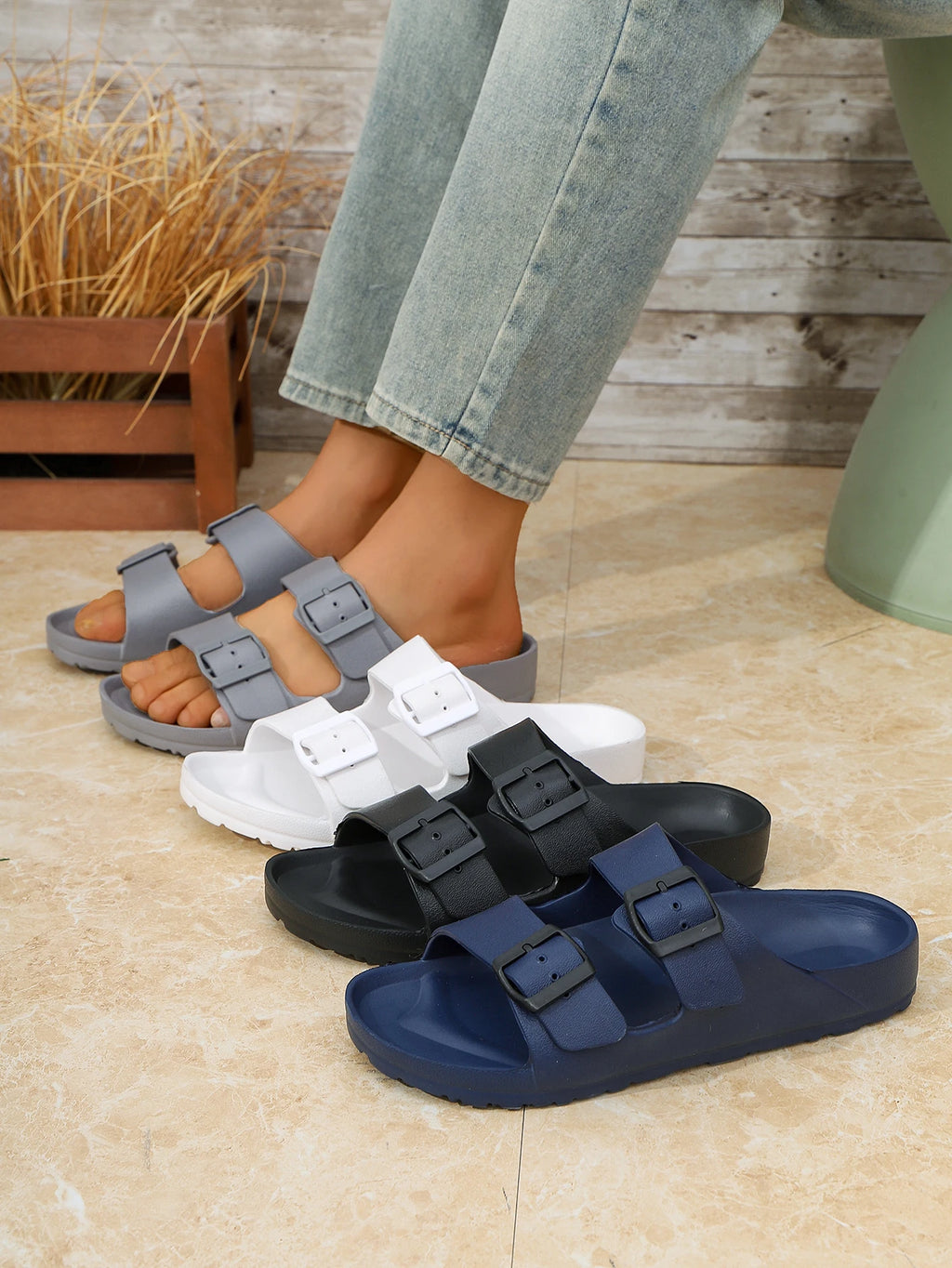 Men's Teen Mules New Summer Retro Casual Slip-On Slippers Molded Double-Strap Half-Slip Flat Slippers with Adjustable Buckle