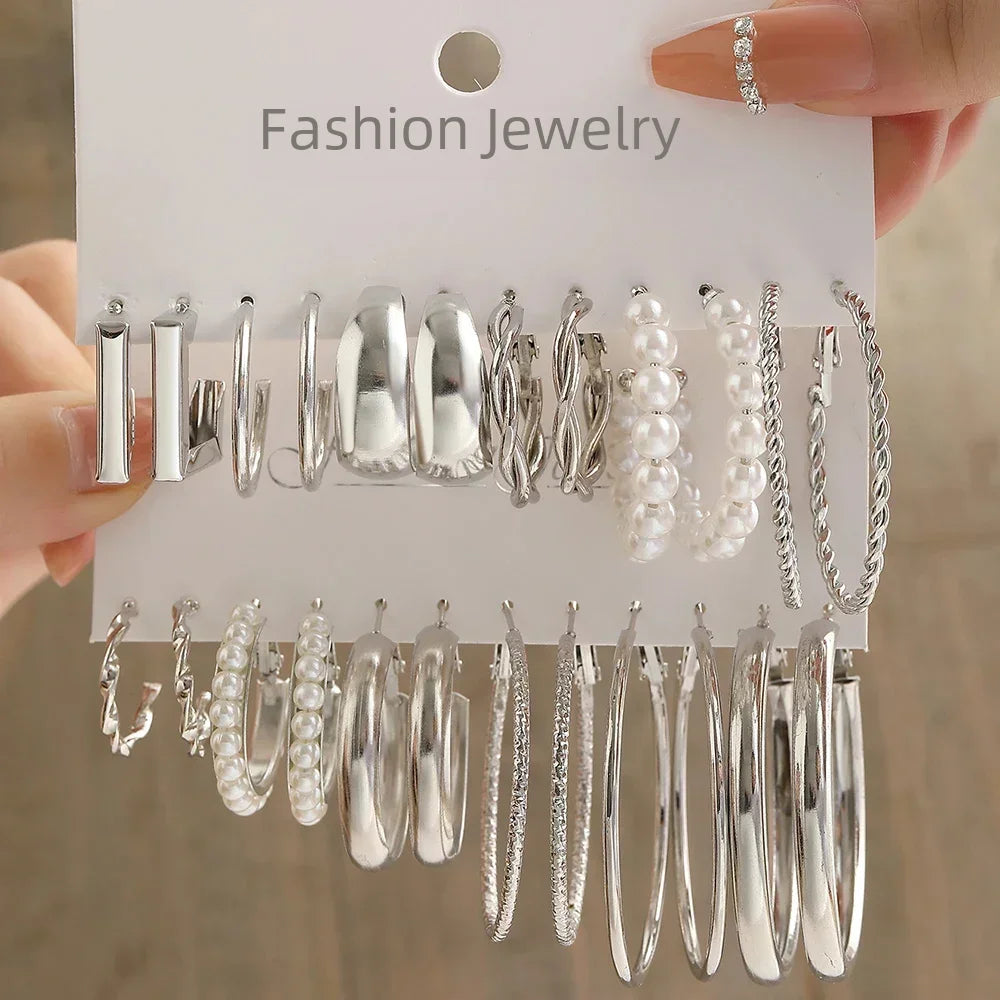 24 Pcs Vintage Silver Color Earrings, Y2K Pearl Earrings Included