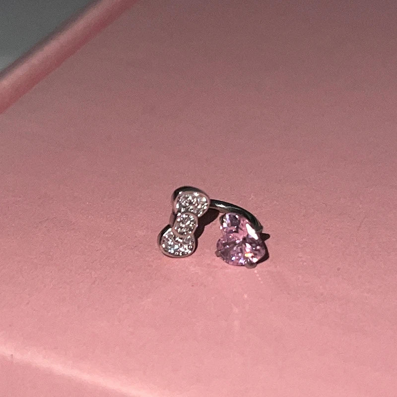 Y2K Cute Bowknot Love Heart, 316L Stainless Steel Annular Ear Bone Fashion Delicate Zircon Earring,
