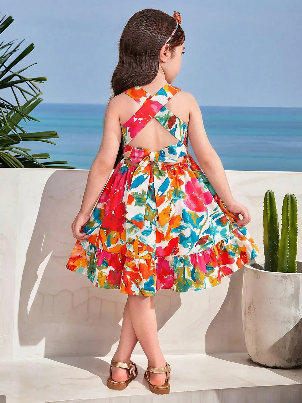 Girls Floral Print Tiered Dress with Cross-Back Bow & Elastic Waist for Summer