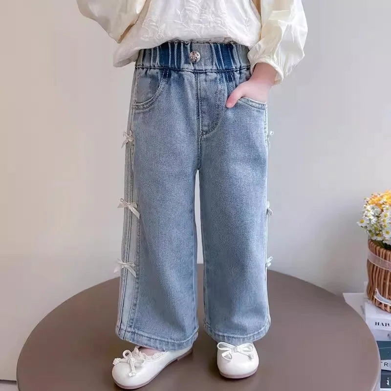 Girls New 2025 Bow Jeans, Wide-Leg, Loose long Pants