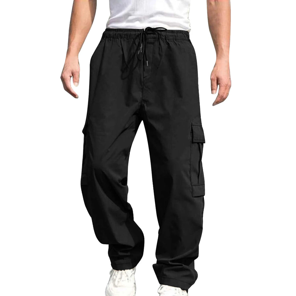 Men s Loose Cargo Long Pants Solid Color Drawstring Waist Straight Leg with Pockets