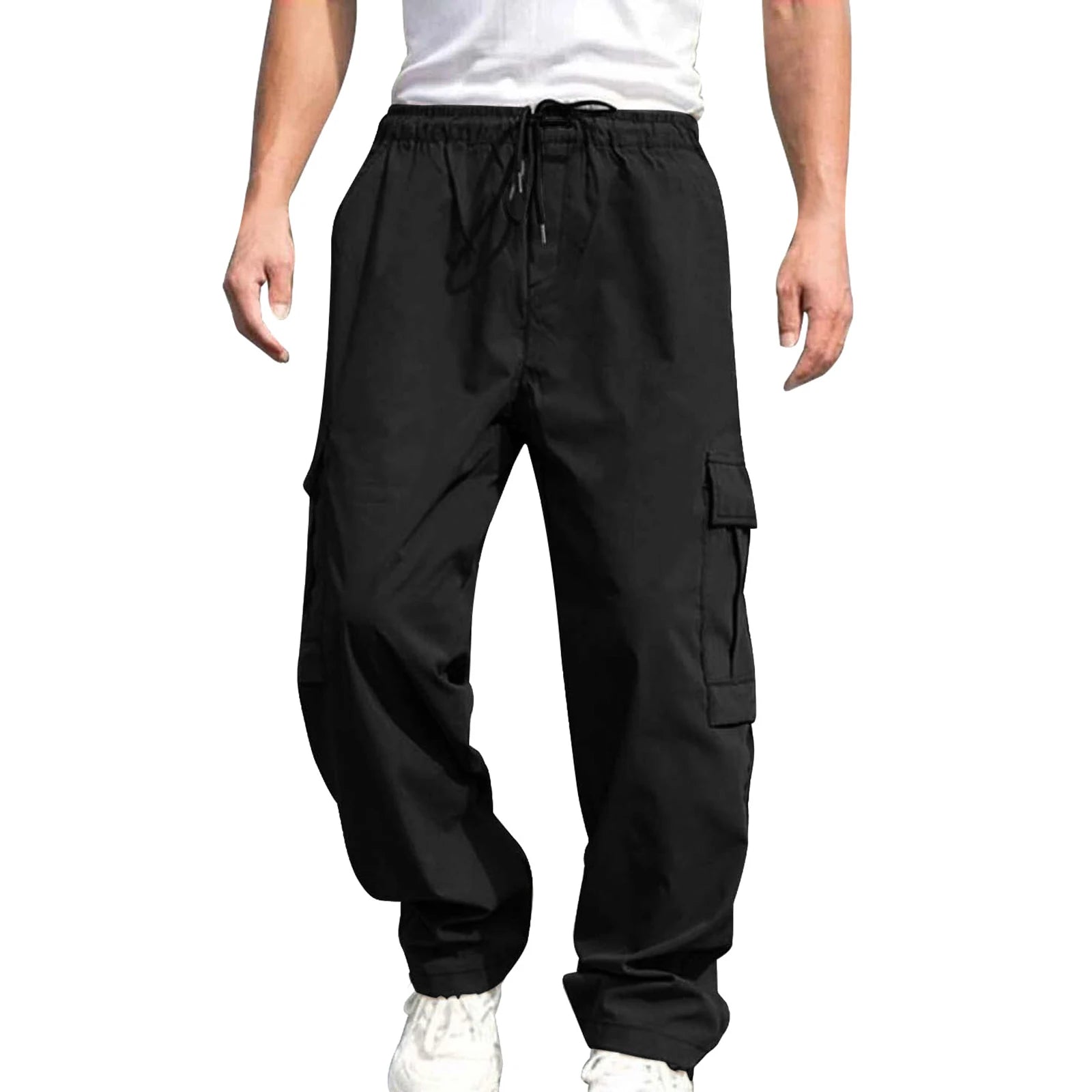 Men s Loose Cargo Long Pants Solid Color Drawstring Waist Straight Leg with Pockets