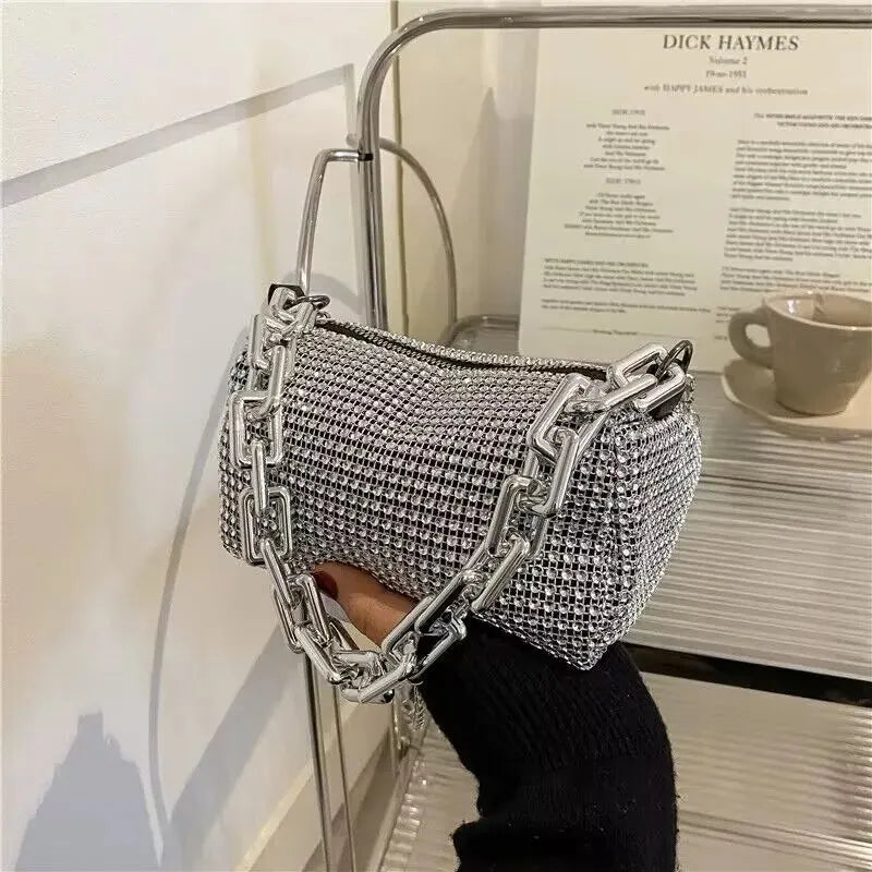 Women's Allover Rhinestone Bucket Bag with Glitter Chain