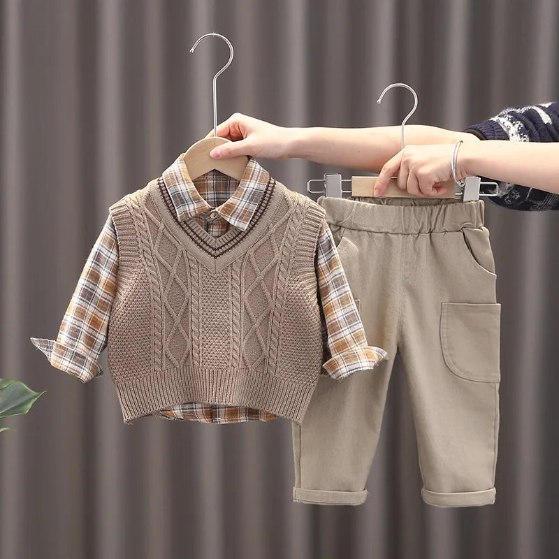 New Spring Autumn Children's Casual Plaid Cotton Shirt, Vest and Pants 3Pcs for Toddlers
