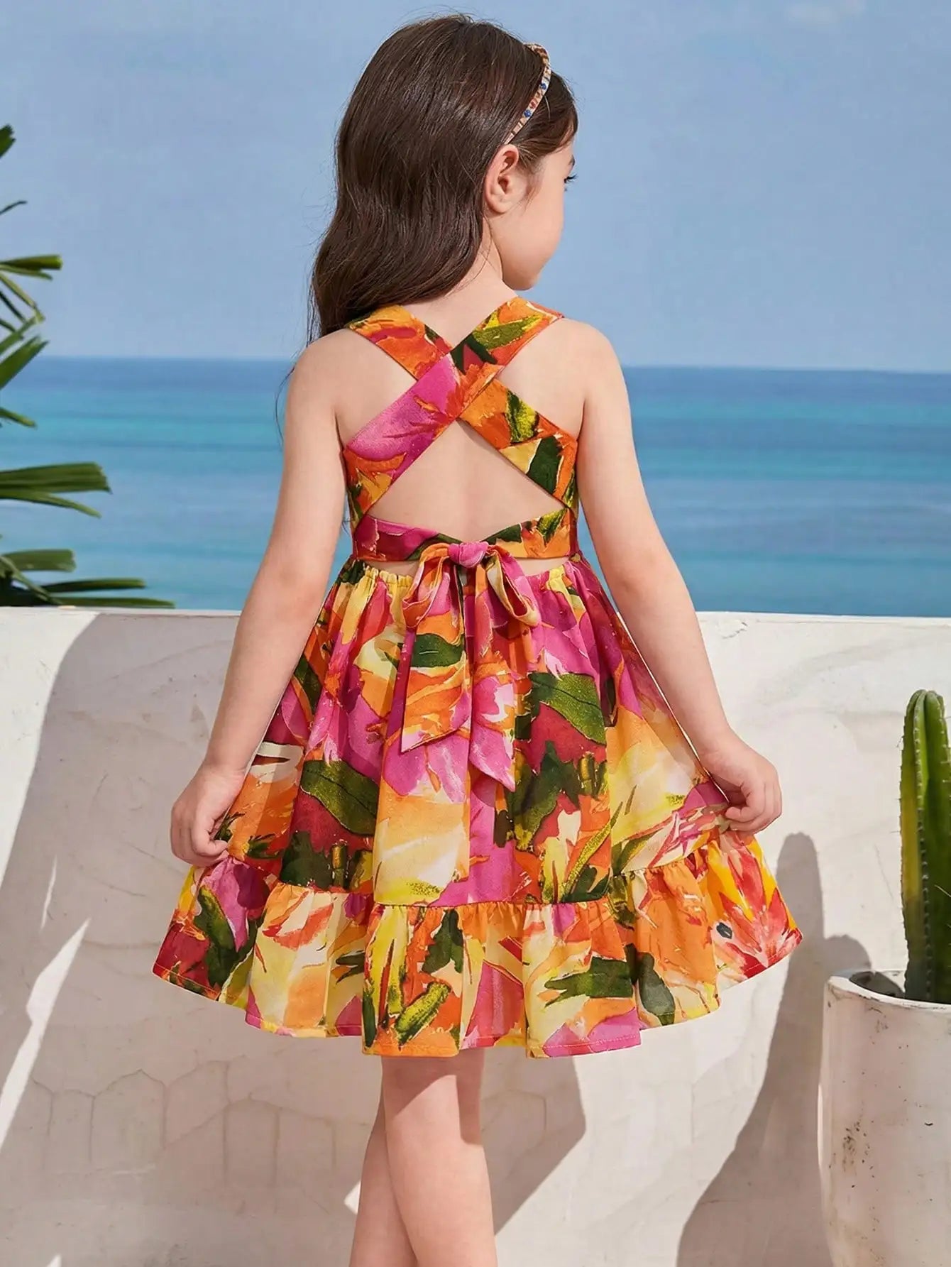 Girls Floral Print Tiered Dress with Cross-Back Bow & Elastic Waist for Summer