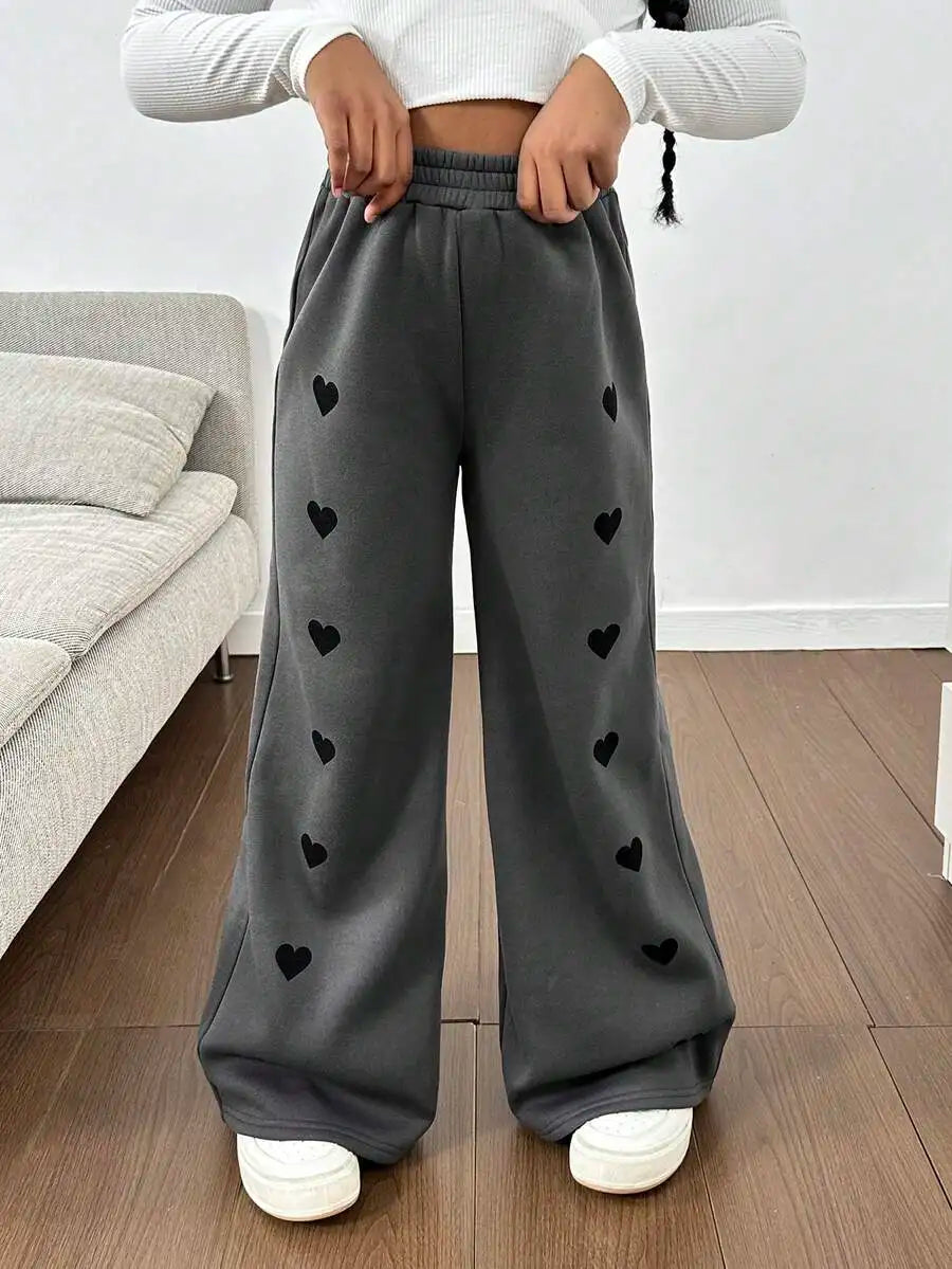 Gray Wide-Leg Sweatpants with Black Heart Print for Girls