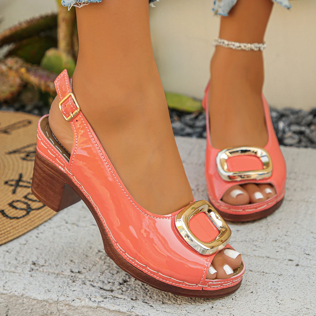 Sexy Patent Leather Thick High Heeled Metal Ring Peep Toe Platform Sandle