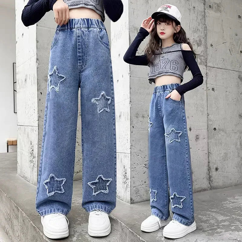 New Teenage Girls Jeans, Full Print Bow Embroidery, Hearts and Stars Fashion Wide-Leg Denim, Ages 7-14