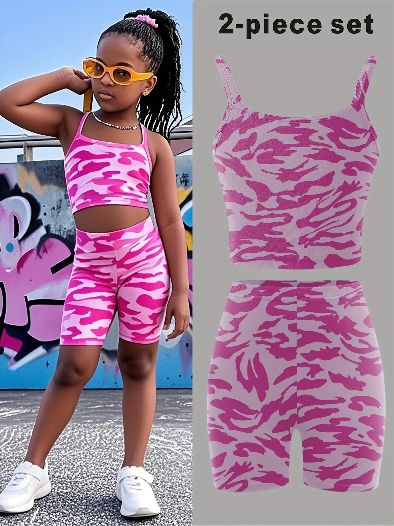 Girls' Camouflage Print 2-Piece Set, Rose Pink Top + Pants, Comfortable