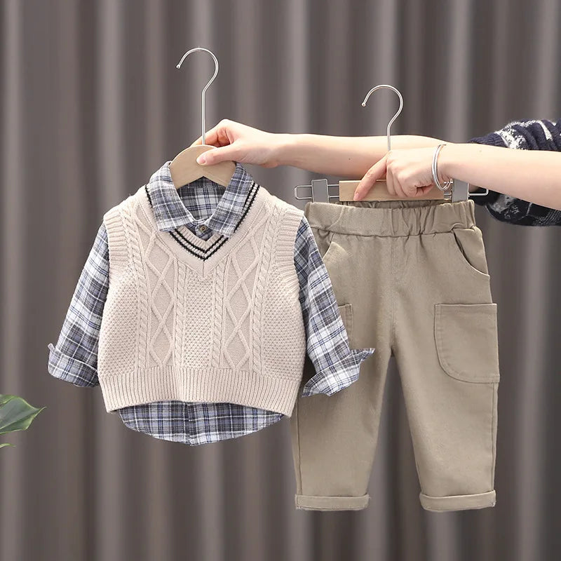 New Spring Autumn Children's Casual Plaid Cotton Shirt, Vest and Pants 3Pcs for Toddlers