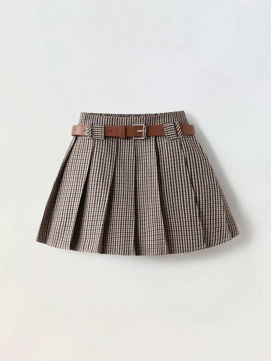 Girls Plaid Pleated Mini Skirt with Belt - Classic Checkered Design