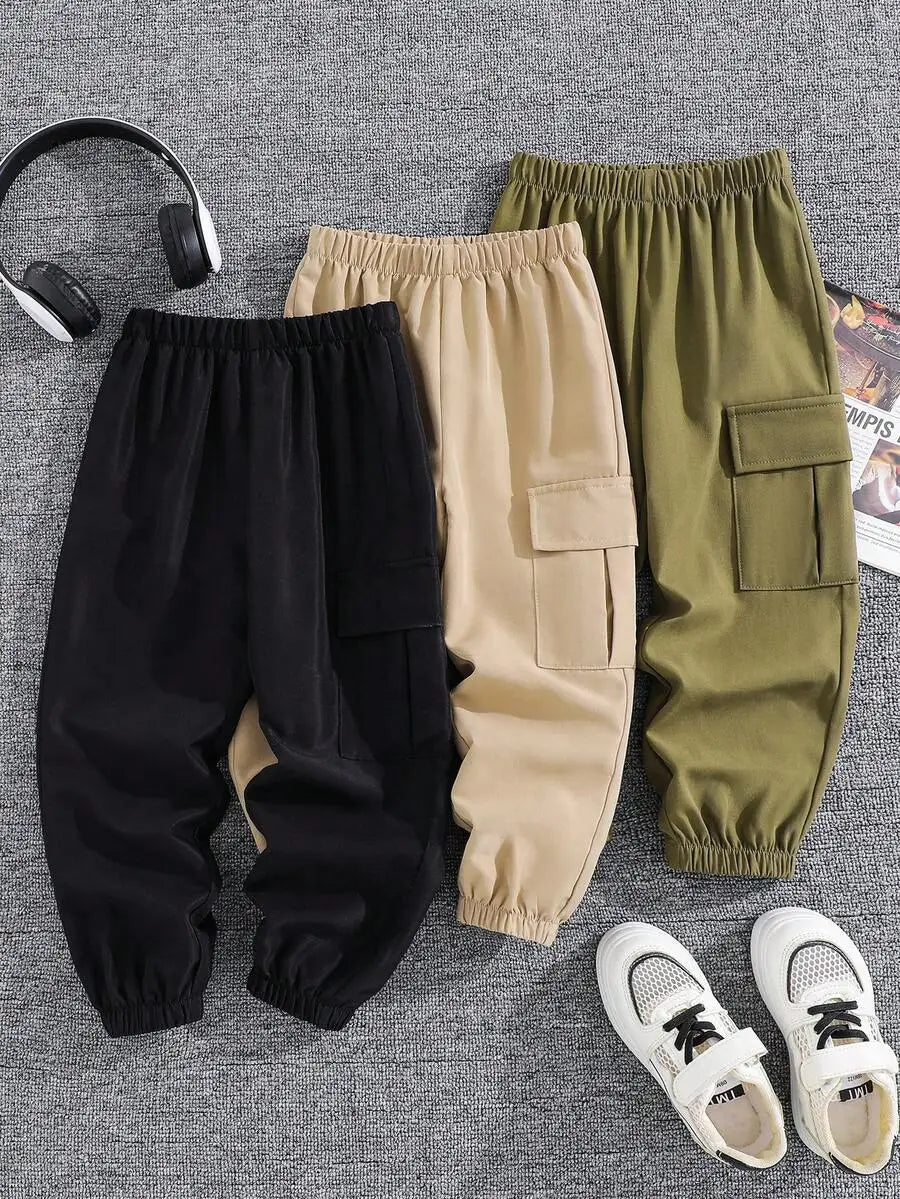 3-Pack Kids Loose Fit Cargo Pants with Drawstring Waist, Multicolor
