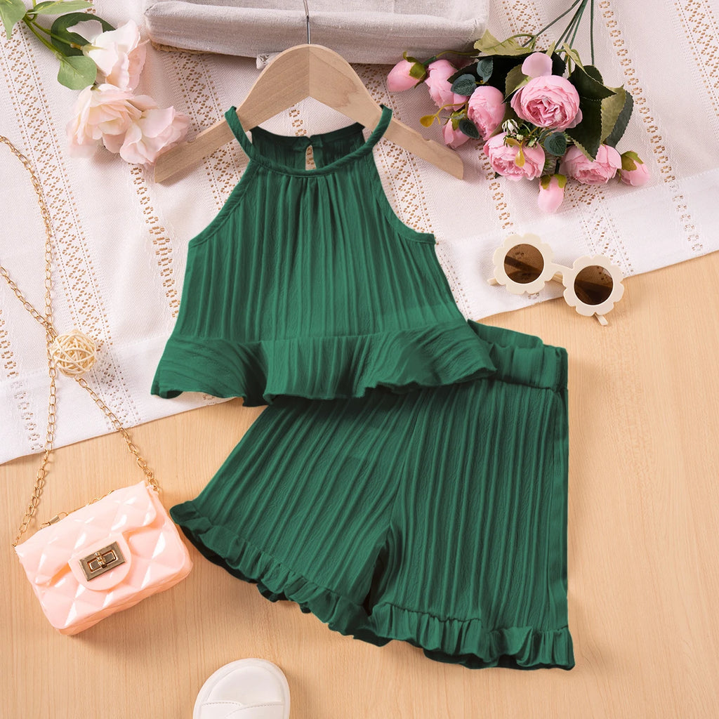 2025 New Girls' Summer Fashion Sets, Sleeveless Ruffle Tank Top & Shorts
