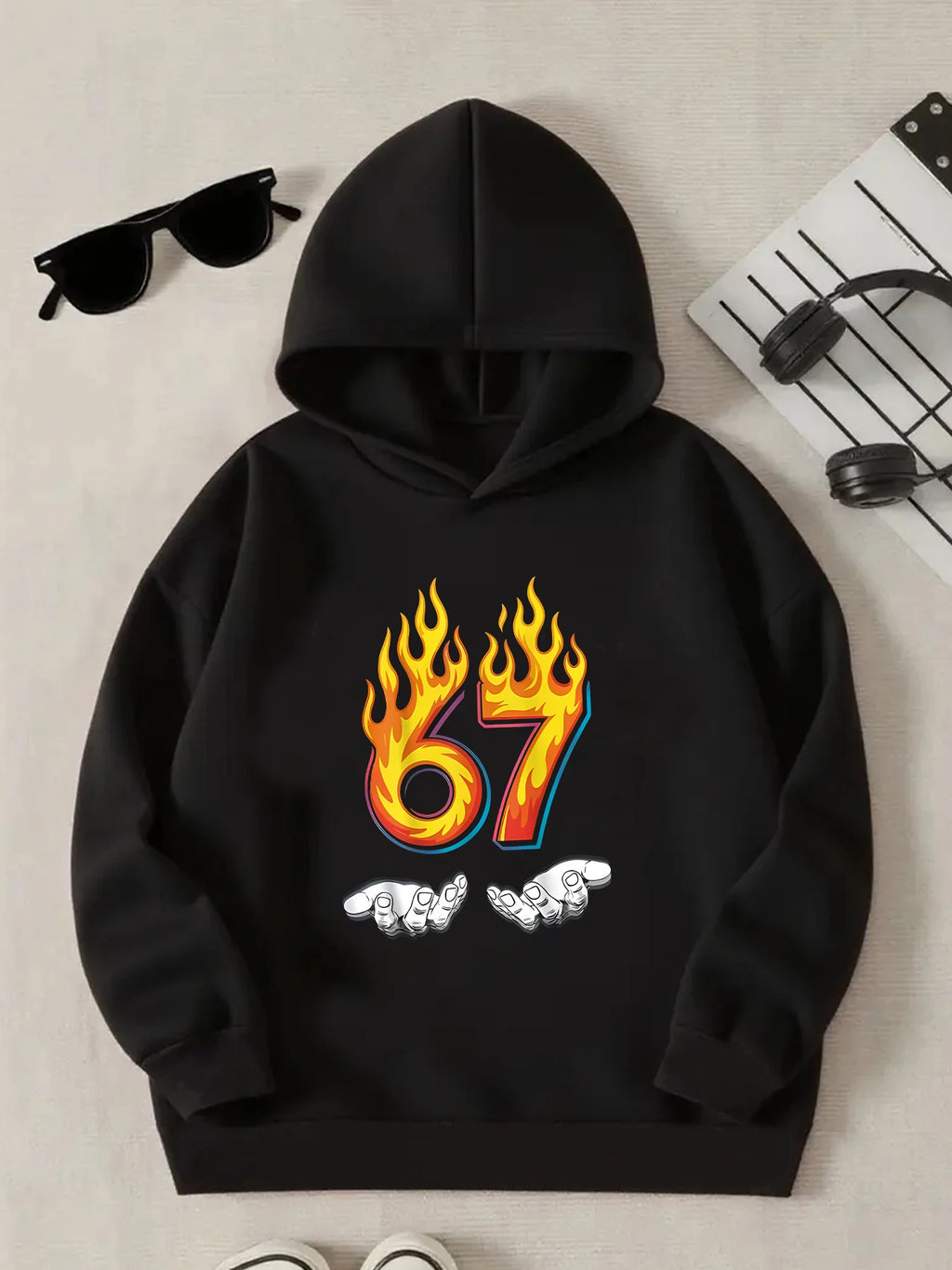 Children's Unisex Printed Flame 67 Pattern Hooded Sweatshirt in 4 Colors