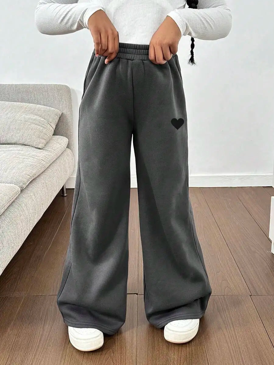 Gray Wide-Leg Sweatpants with Black Heart Print for Girls