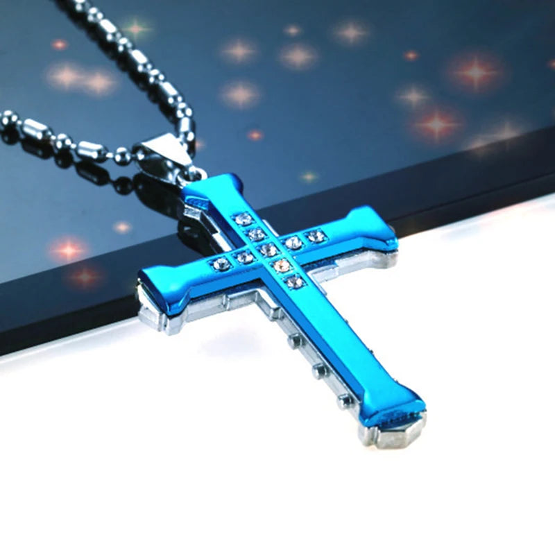 2025 Ins New Cross Pendant Necklace, Zircon Black Gold Color Stainless Steel Chain