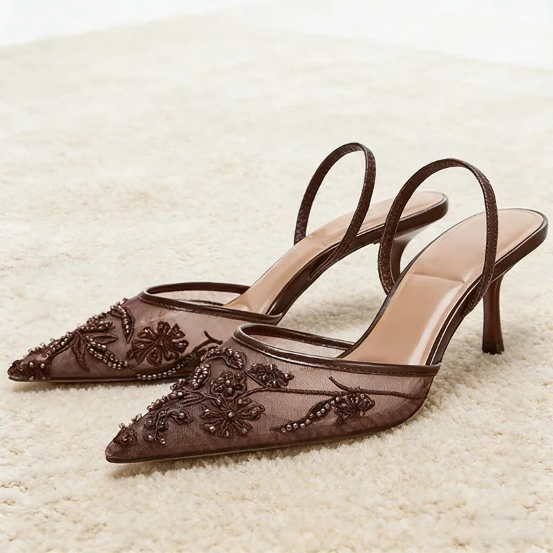 Brown String Bead Mesh Embroider Slingback High Heels Women Sexy Pointed Toe Heeled Sandals