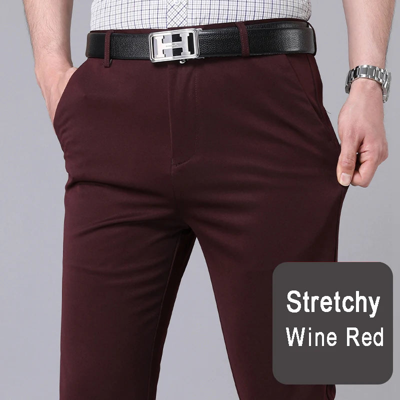 Male Stretch Solid Black Casual Trousers, in Various Colors