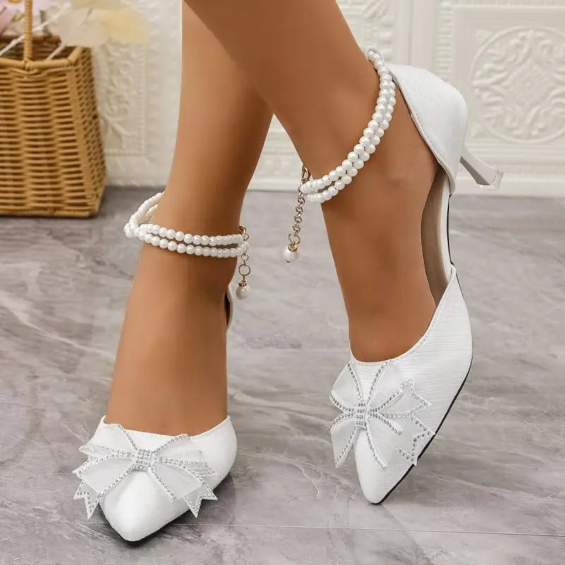 Elegant Pearl Chain Ankle Strap Pumps, Pointed Toe High Heel