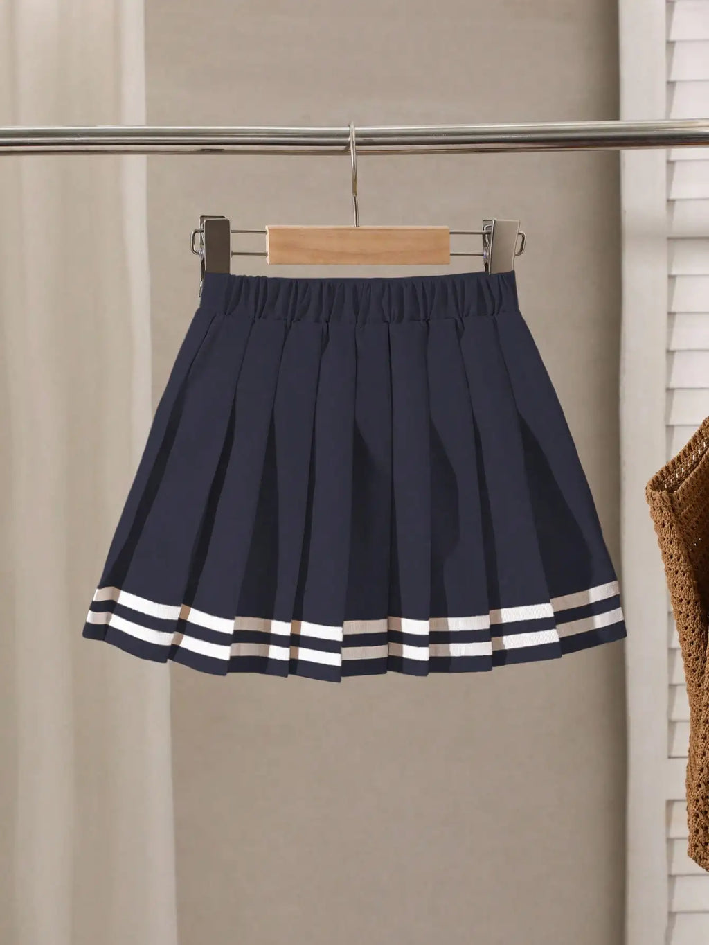 Navy Blue Pleated Skirt for Girls with White Stripe Trim and Elastic Waist