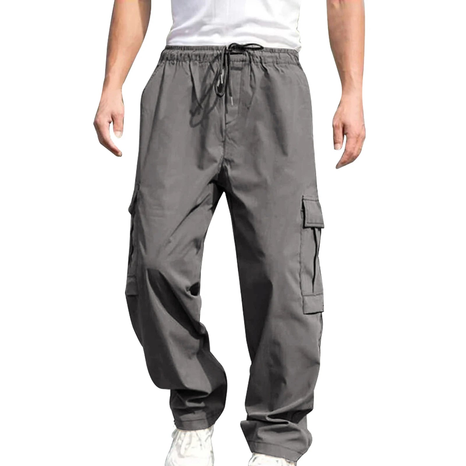 Men s Loose Cargo Long Pants Solid Color Drawstring Waist Straight Leg with Pockets