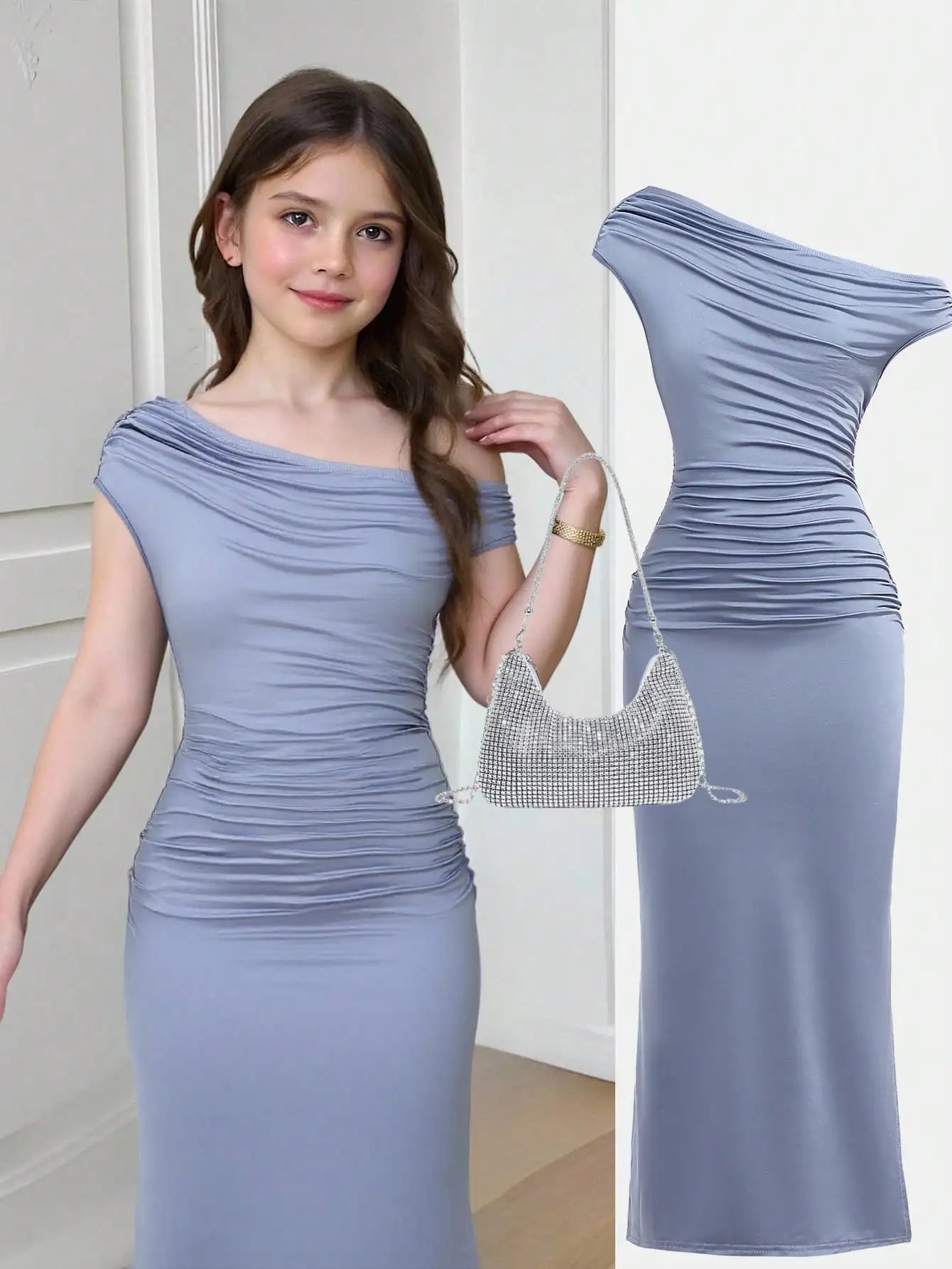 Girls Asymmetrical Neck, Ruched Waist, Tightfitting Maxi Knit Dress in Dusty Blue