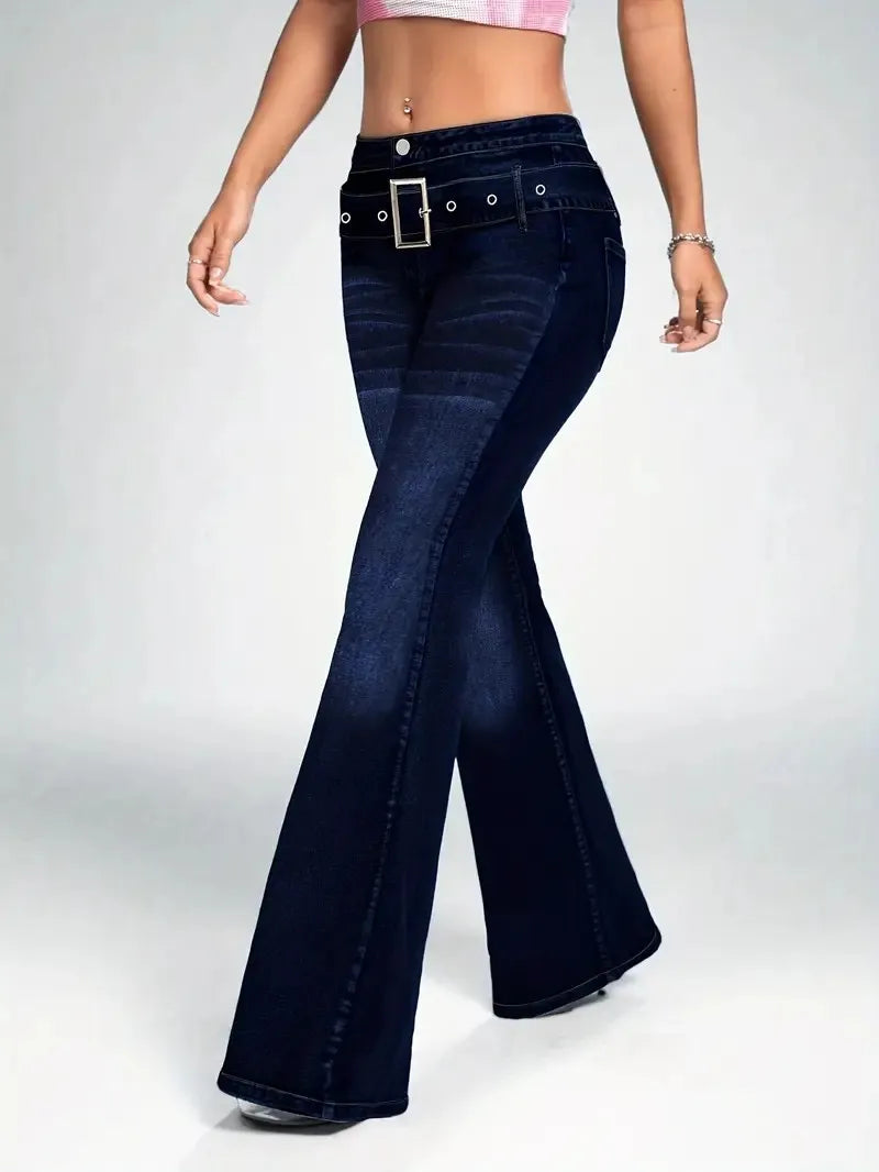 Women's Fashionable Dark Blue Wash Flared Jeans, with Decorative Strap Buckle, Stretch Slim Fit