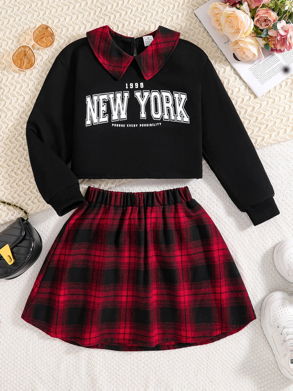 Girls New Fashion 2-Piece Set, Long-Sleeved Letter Print Shirt, Plaid Skirt