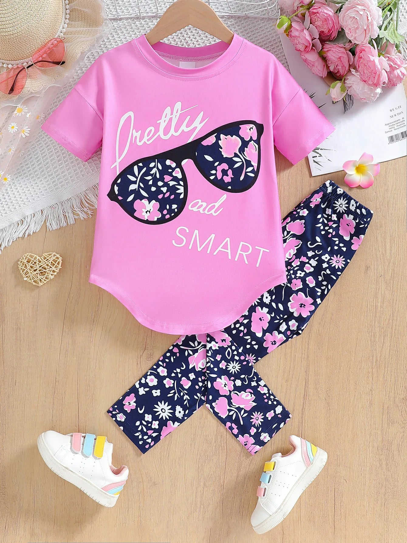 Girls 2pc Clothing Set Cotton Short Sleeve Top & Pants, 4-7yrs