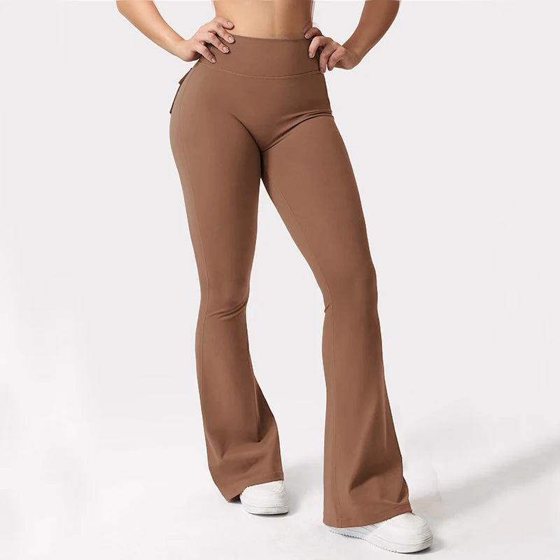 Women's Yoga Flare Trousers, High-Waisted Tummy-Control Wide-Leg with Pockets, Multi-Colors