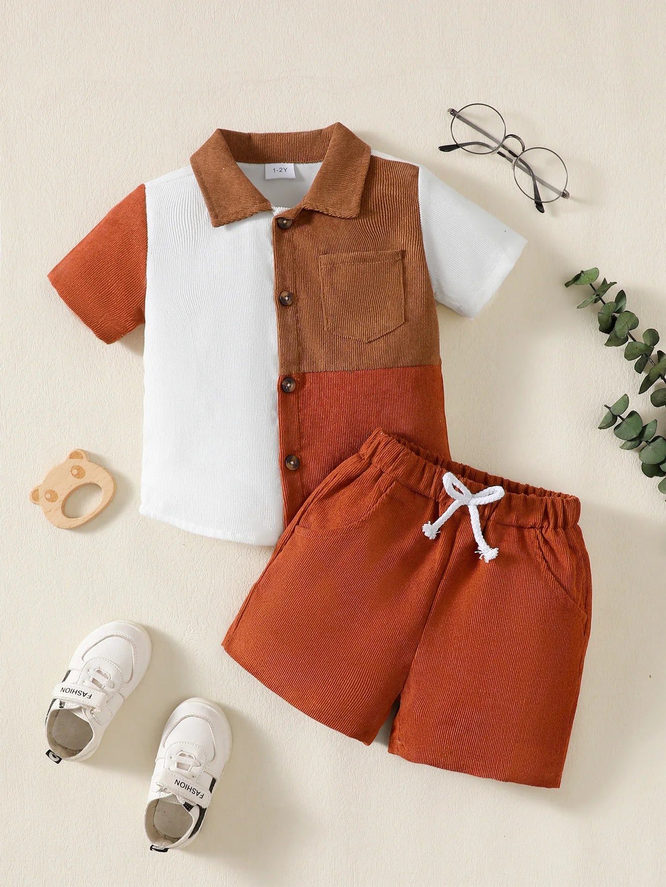 Boys' 2 Pcs Flip Collar Color Blocked Pit Stripe Top and Shorts Fashion Ages 1 - 6