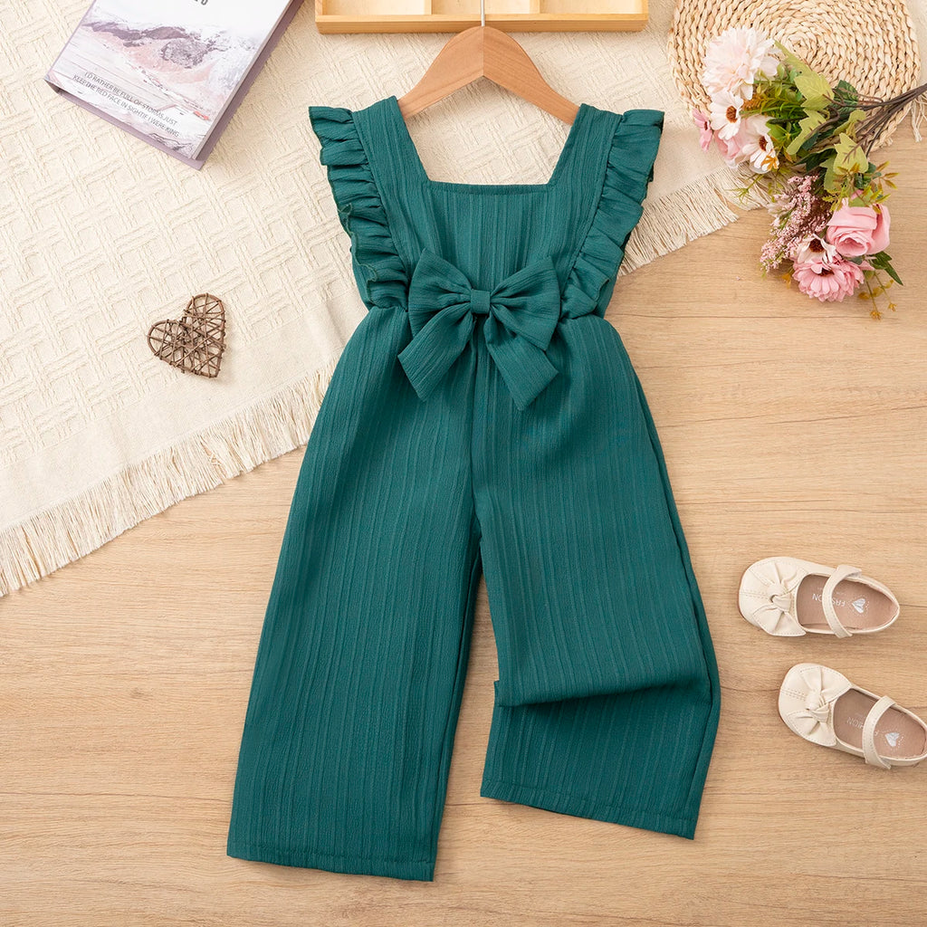 Summer Pure-Color Versatile Jumpsuit, Ruffle Bowknot Princess Style for Little Girls