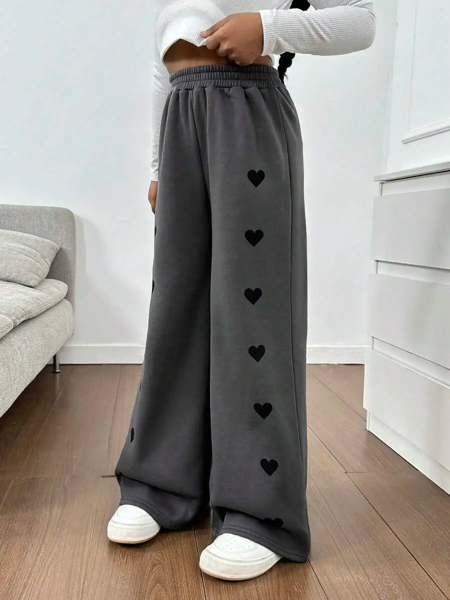 Gray Wide-Leg Sweatpants with Black Heart Print for Girls