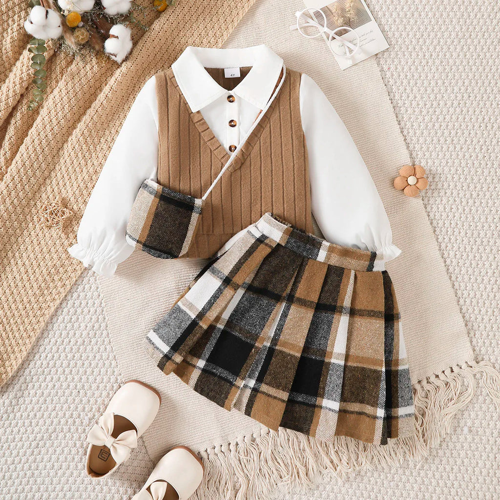 3Pcs Girl Set, Top and Checkered Skirt with a Mini Bag 4-7 Year