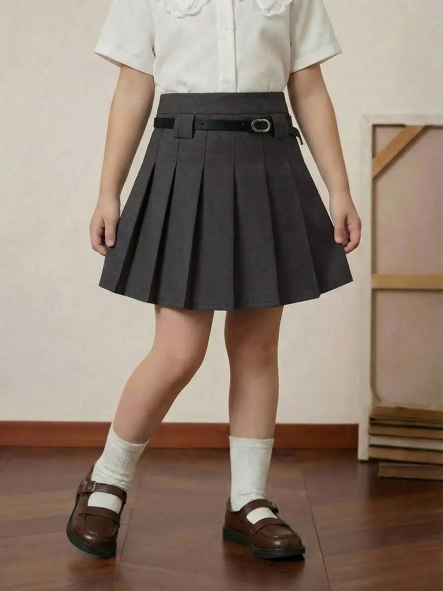Girls Plaid Pleated Mini Skirt with Belt - Classic Checkered Design