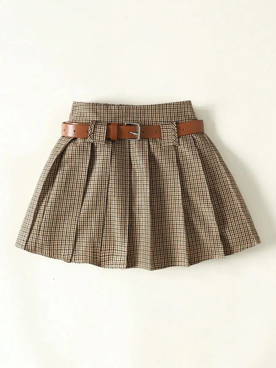 Girls Plaid Pleated Mini Skirt with Belt - Classic Checkered Design