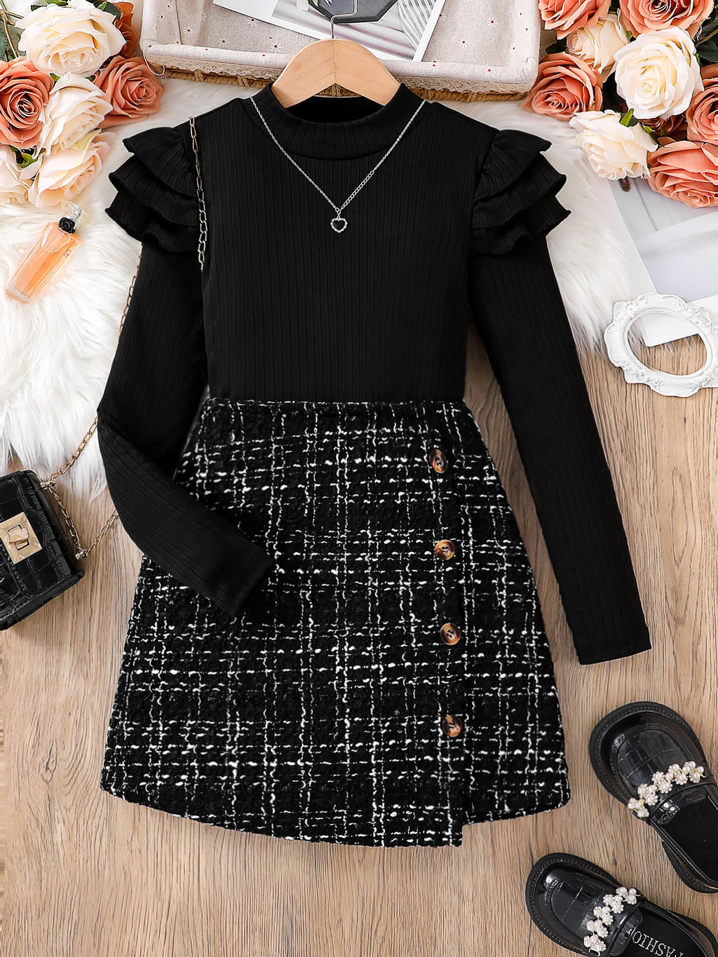 Girls 2Pc Fashion Set, Black High Neck Layered Petal Long Sleeve Top & A-Line Skirt