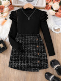 Girls 2Pc Fashion Set, Black High Neck Layered Petal Long Sleeve Top & A-Line Skirt