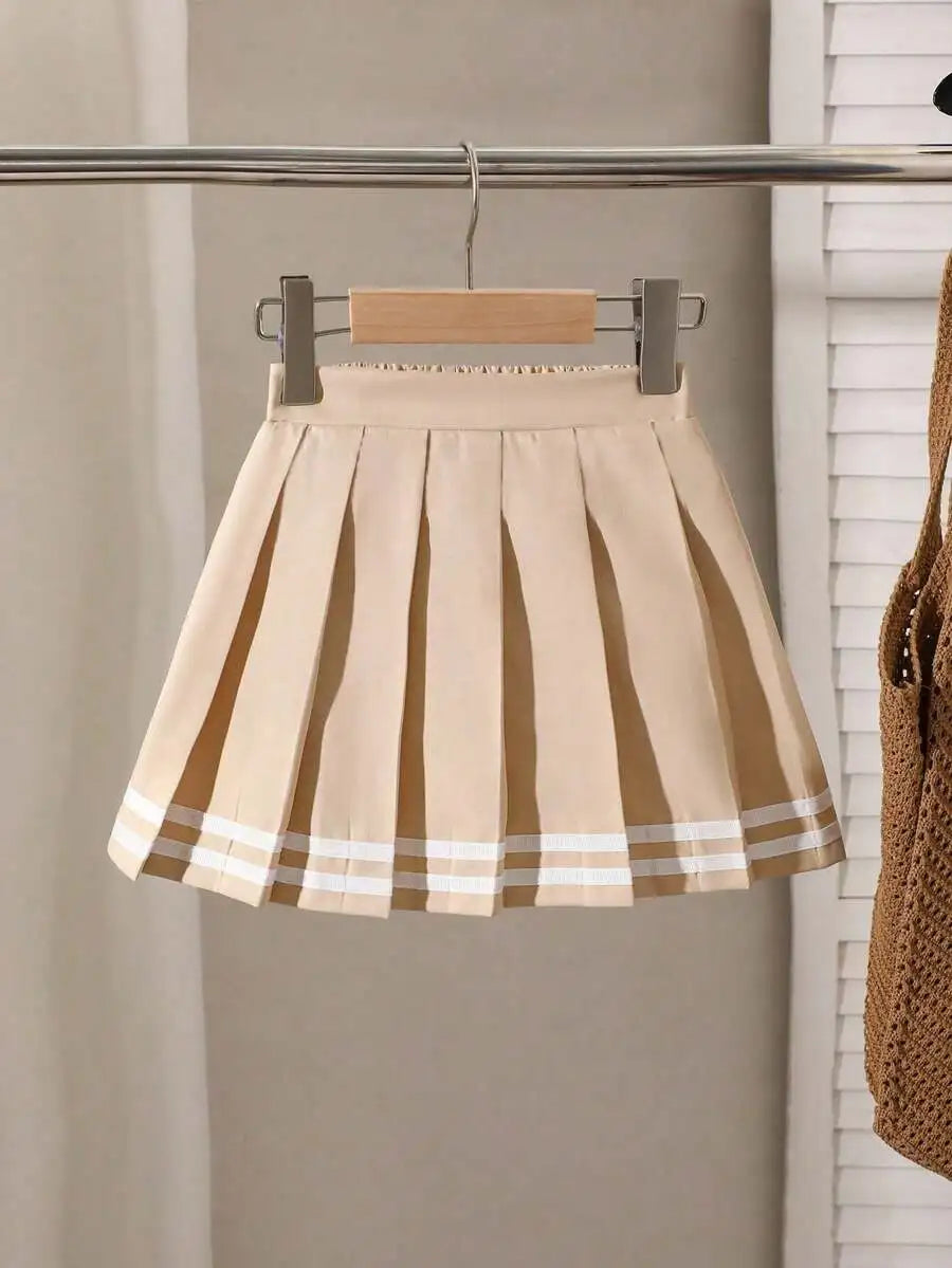 Navy Blue Pleated Skirt for Girls with White Stripe Trim and Elastic Waist