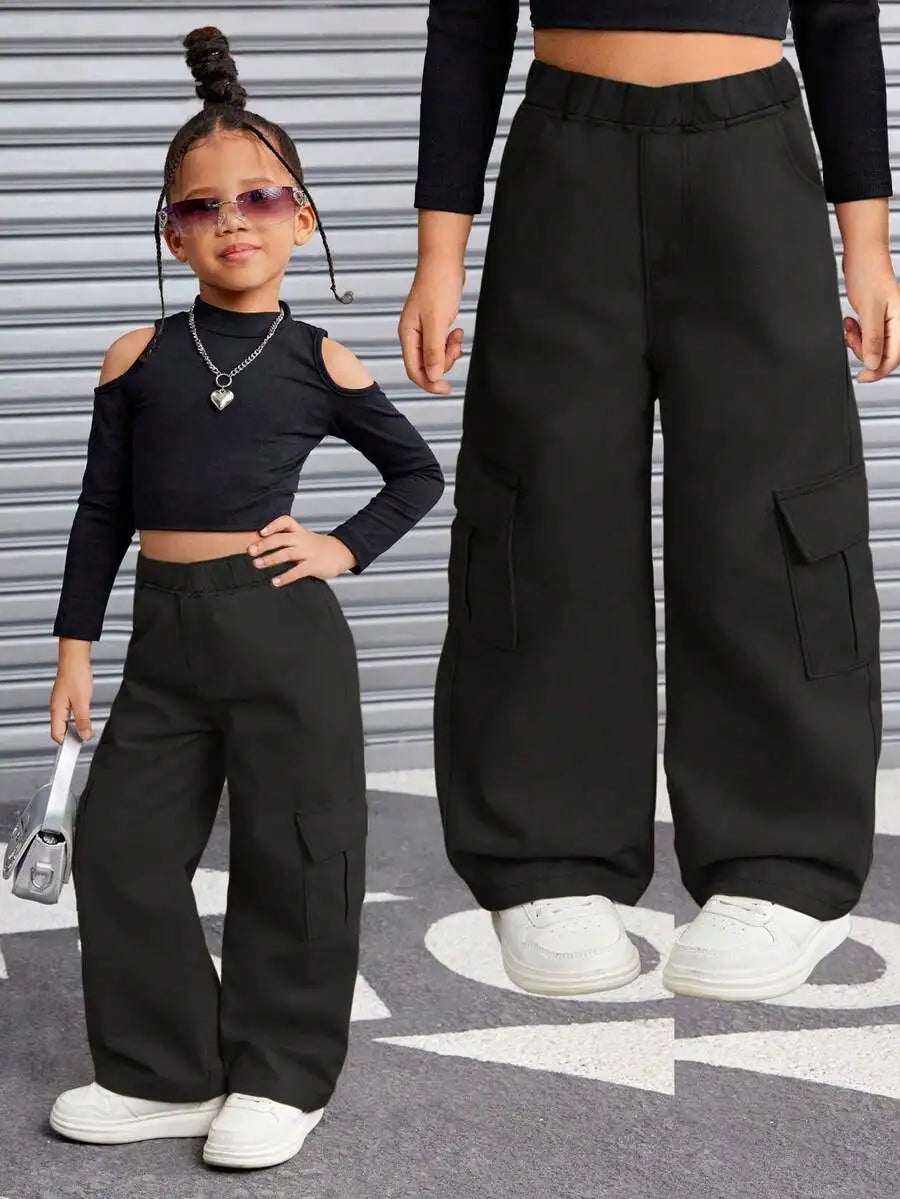 Loose Fit Cargo, Streetwear Style Wide Leg Trousers in Khaki & Black