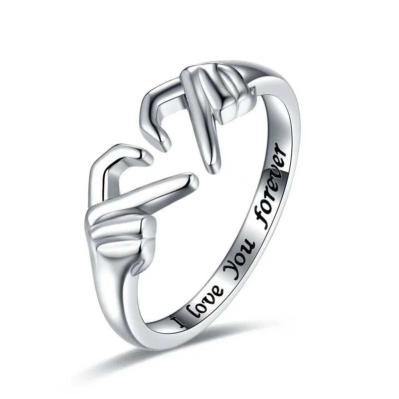 Romantic Heart Hand Hug Ring for Women and Men, I Love You Forever Couple Adjustable Ring